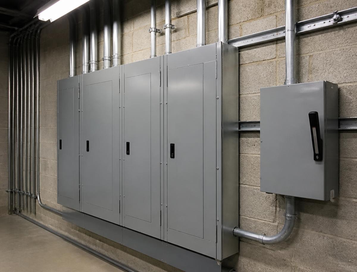 Commercial electrical room with distribution panelboards, disconnect and conduit runs