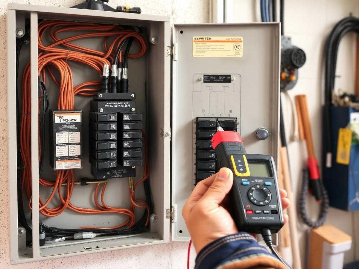 Electrician testing breakers inside an open residential electrical panel
