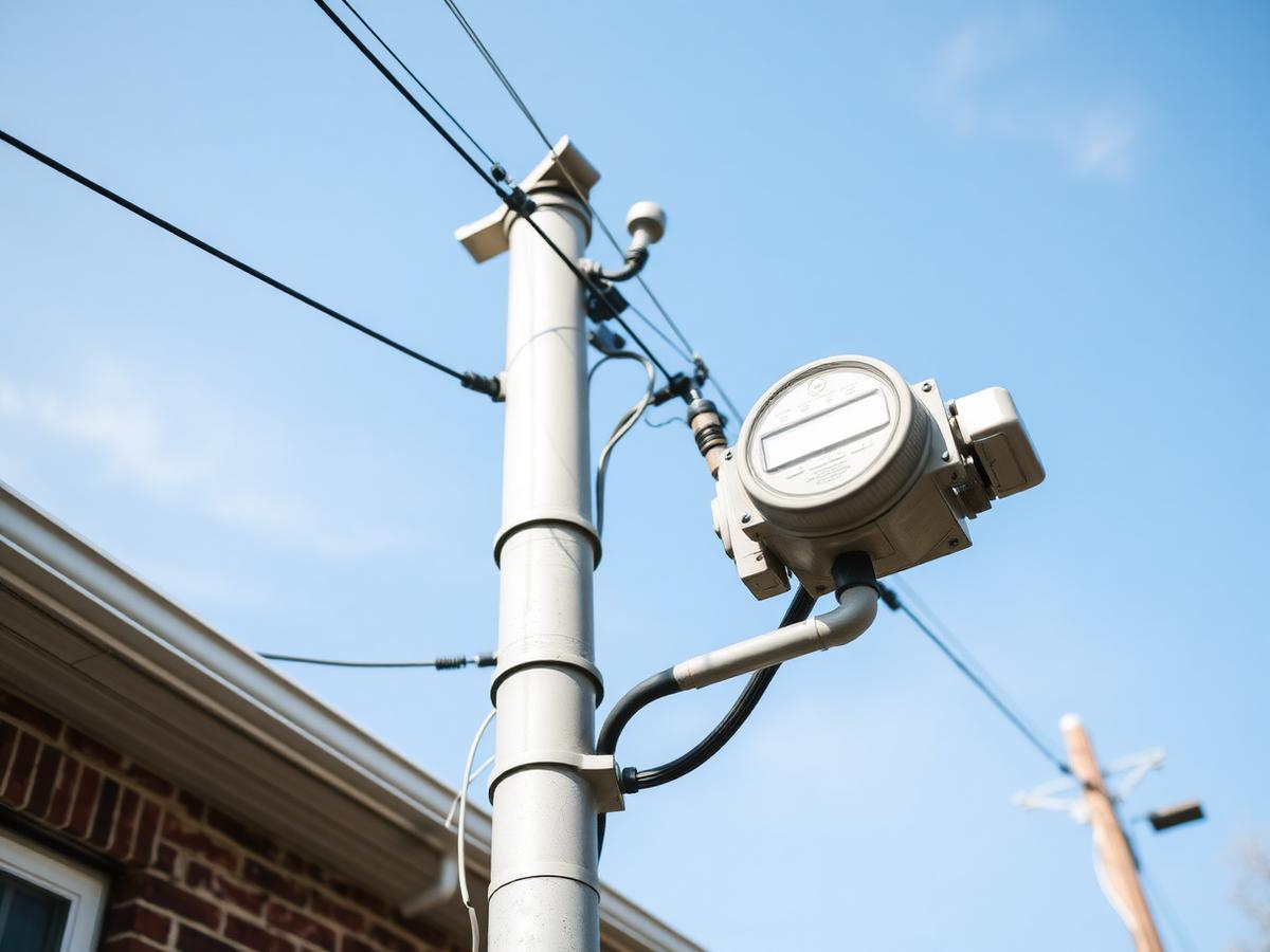 Residential electrical service mast and meter socket with overhead service drop